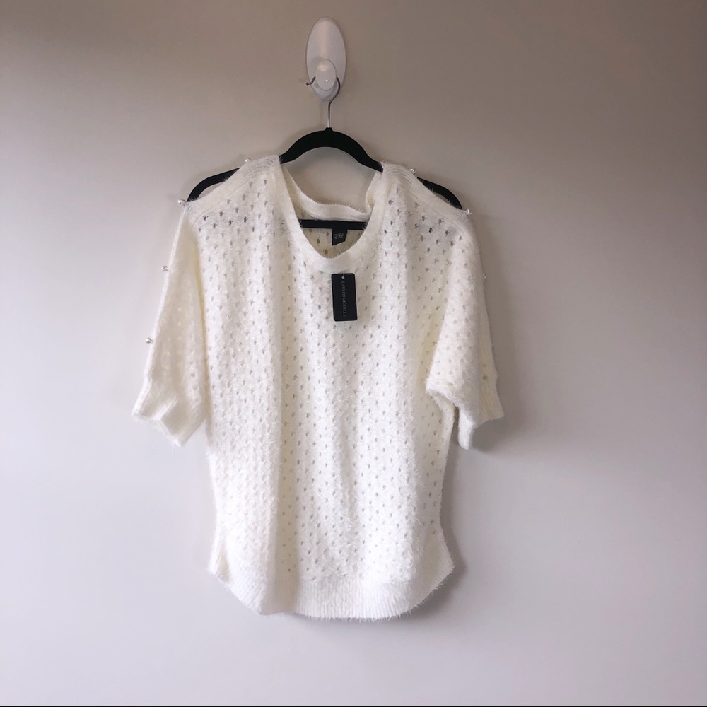 Lauren Michelle Fuzzy Knit Sweater Pearl Detail Cream Size Large NWT’s